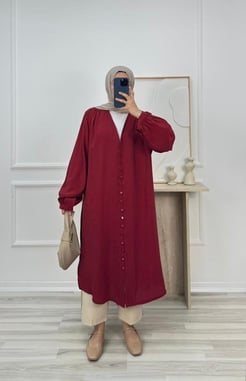 9960-önü düğmeli biyeli modal cupra tunik-bordo