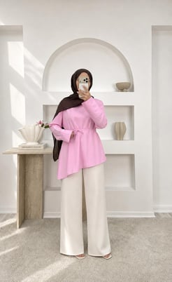 1388-poplin kumaş bağlamalı asimetrik tunik-pembe