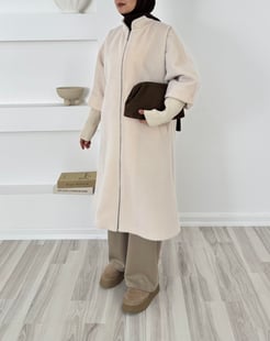 70040 fox kumaş astarlı kuşaklı kaban-beyaz