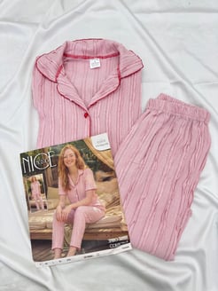ç6968-bürümcük kumaş gömlek yaka kısa kollu pijama takımı-pudra
