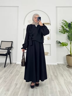 49120 - fitilli helena kumaş önü baglamalı etekli takım - siyah
