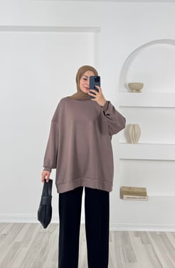 5236-oysho kumaş-balıkçı yaka düz model tunik-kahve