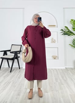 9410 - linda kumaş çizgili uzun tunik - fuşya 