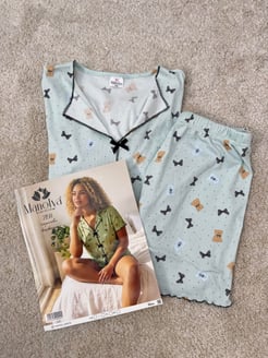 ç2150-raporlu kaşkorse şortlu ayıcıklı pijama takımı-su yeşili