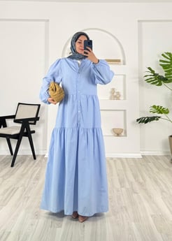 33065-terikoton kumaş-yarım düğmeli v yaka elbise-açık mavi