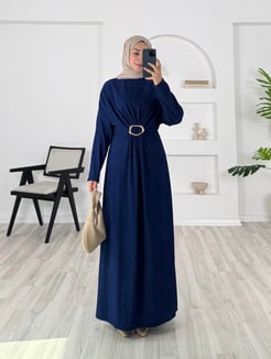 0369 - damla kumaş önü tokalı kalın elbise - lacivert 