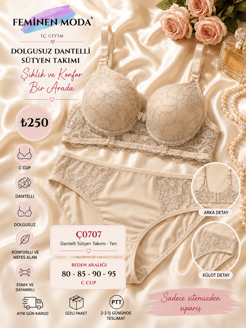 Ç0707-DOLGUSUZ DANTELLİ SÜTYEN TAKIMI -KREM