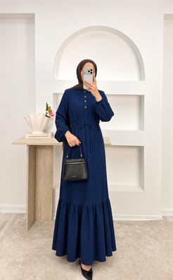 1187-nada kumaş beli büzgülü düğmeli elbise-lacivert