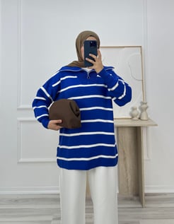 2164-önü fermuarlı triko kazak-mavi