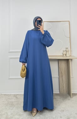 1751-tarakboşluğu kumaş kuşaklı elbise-mavi