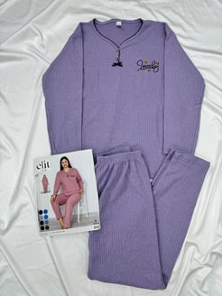 Ç8398 - büyük beden önü dügmeli fitilli pijama takımı - lila 