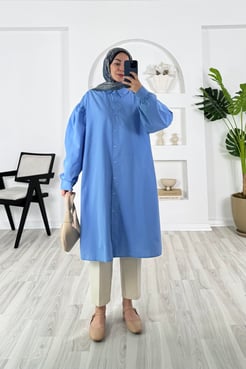 2743-terikoton kumaş-kemerli tunik-mavi