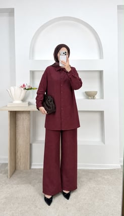 3881-cupra süet kumaş pantolonlu takım-bordo