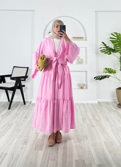 9032 - modal cupra önü baglamalı yelek etekli takım - pembe 