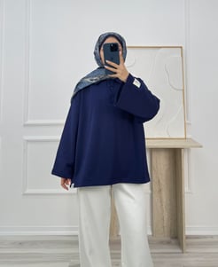 7820-polo yaka üç iplik şardonsuz-sweatshirt lacivert