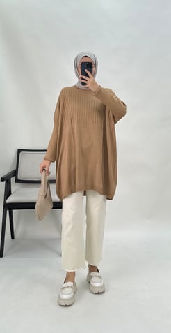 3157-çizgi detaylı triko tunik-sütlü kahve