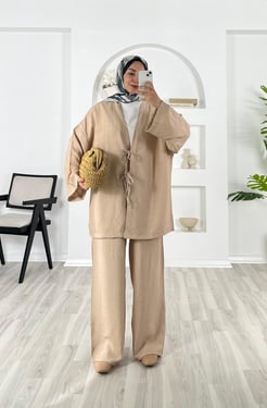 6326-çilek kumaş-önden bağlamalı pantolonlu takım-bej
