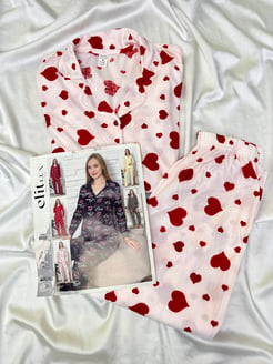 Ç8553 - süet kumaş gömlek yaka kırmızı kalpli pijama takımı - beyaz 