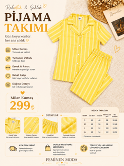 ç5283-milan kumaş gömlek yaka çizgili pijama takımı-sarı