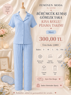 ç6803-bürümcük kumaş gömlek yaka kısa kollu pijama takımı-mavi 