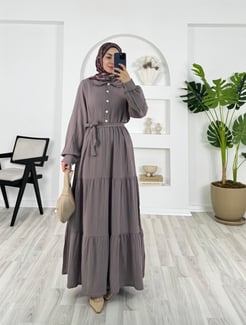2563-kaş kumaş-yaka detaylı kemerli elbise-mürdüm