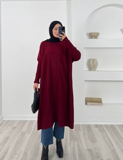 1928 A9+SADE DİZ ALTI SALAŞ TRİKO TUNİK  BORDO