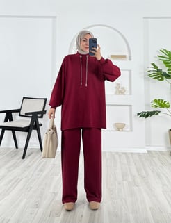 5204-oysho kumaş-parıltılı ip detaylı pantolonlu takım-bordo