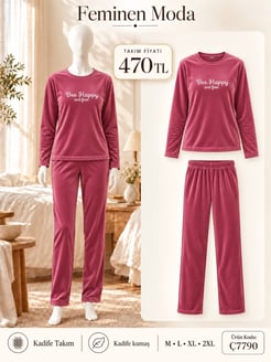 ç7790-kadife uzun kol pijama takımı-pembe 
