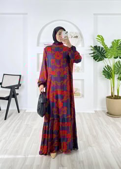 8275-pamuk viskon kumaş-etnik desenli  elbise-kırmızı