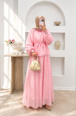 6912-yakası fırfır detaylı tül etekli takım-pembe