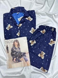 Ç5988 SÜET KUMAŞ AYI DESEN GÖMLEK YAKA TAKIM- SİYAH