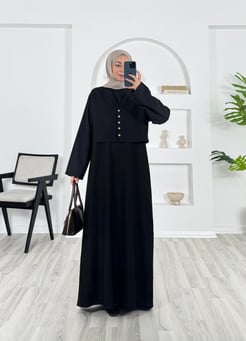 4361 - keten kumaş yelekli elbise - siyah