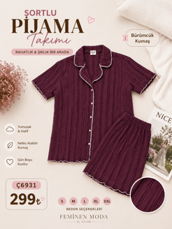 ç6931-bürümcük kumaş fırfırlı şortlu takım-bordo