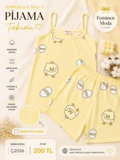 ç2026-kaşkorse kumaş ip askılı şortlu civcivli pijama takımı-sarı