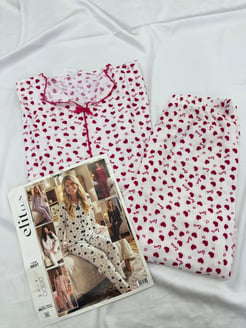 ç8691-Kaşkorse  kumaş gömlek yaka uzun kollu love  pijama takımı kalpli -kırmızı