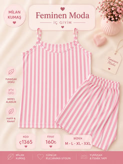 ç1365-milan kumaş ip askılı çizgili şortlu takım-pembe