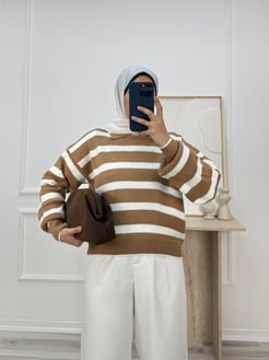 4006- gömlek yaka triko çizgili kazak-sütlü kahve