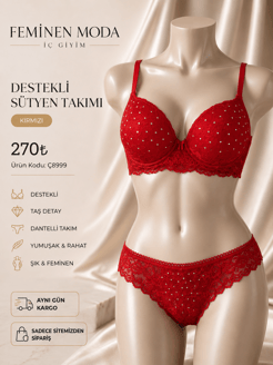 ç8999-destekli taşlı sütyen takımı-kırmızı 