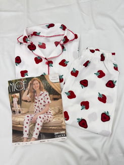 ç6962-bürümcük kumaş gömlek yaka kısa kollu pijama takımı-beyaz