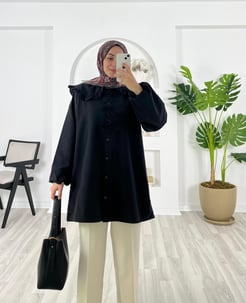 2846-terikoton kumaş-kurdele detaylı gömlek-siyah