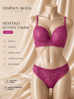 ç8999-destekli taşlı sütyen takımı-mürdüm
