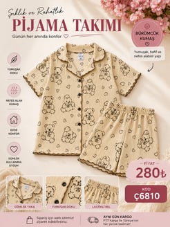 ç6810-bürümcük kumaş şortlu kısa kollu ayıcıklı pijama takımı-kahve