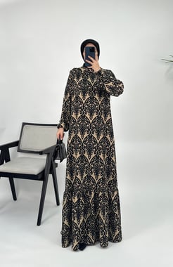 3167-bürümcük kumaş-kol ucu lastikli etnik desenli elbise-sütlü kahve