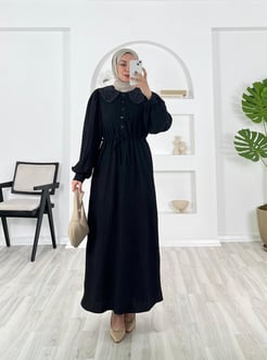 4330-nada kumaş-yaka detaylı beli büzülebilir elbise-siyah