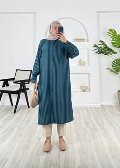 9410 - linda kumaş çizgili uzun tunik - zümrüt yeşili