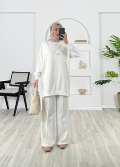 5393 - iki iplik kumaş önü boncuklu tunik - beyaz