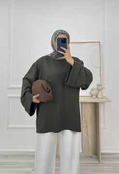 4421-oysho kumaş-kolları katlama detaylı yanları yırtmaçlı tunik-yeşil