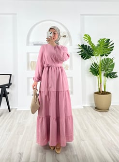 5328-keten kumaş-kemerli bilek ucu büzgülü elbise-pembe