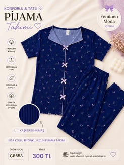 ç8658-kaşkorse kumaş kısa kollu desenli pijama takımı-lacivert