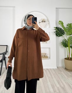 2511 Melanj keten kumaş cepli gömlek acı kahve